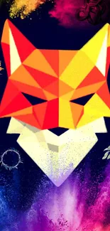 Geometric fox head on cosmic background in vibrant colors.