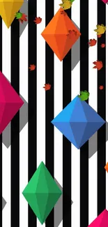 Vibrant geometric gems on black and white striped wallpaper.