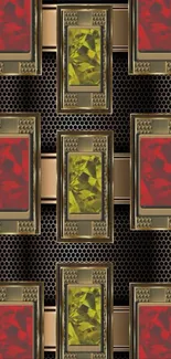 Geometric wallpaper with red and yellow gemstones in a metallic grid design.