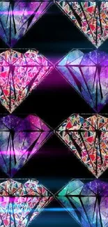 Colorful geometric diamond pattern on black background.