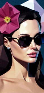 Geometric woman with sunglasses and flower in digital art style.