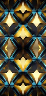 Geometric gold and blue 3D pattern wallpaper for phones.