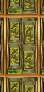Geometric pattern wallpaper with gold and green accents.