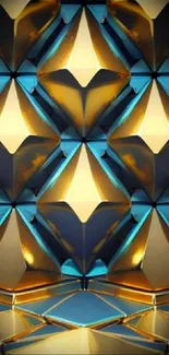 Gold and blue geometric mobile wallpaper with reflective surfaces.