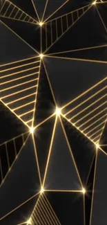 Black and gold geometric lines wallpaper with luminous accents.