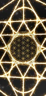 Golden geometric pattern wallpaper with sacred geometry.