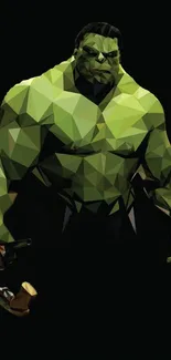 Geometric art of a powerful green hero on a dark background.