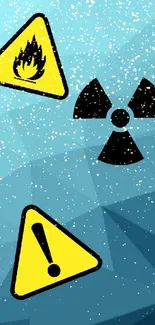 Geometric wallpaper with hazard and radiation symbols on a blue backdrop.