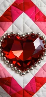 Red crystal heart on geometric pink and white background.