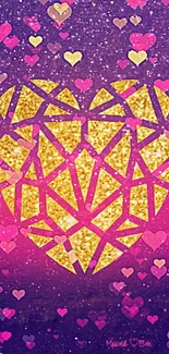 Geometric heart with glitter on purple background wallpaper.