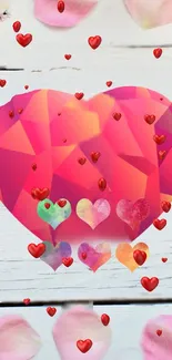 Vibrant geometric pink heart design on wood background.