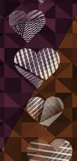 Geometric hearts with brown and purple triangles background.