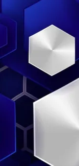 Metallic hexagons on deep blue background wallpaper.