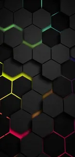 Geometric hexagon wallpaper with neon accents on a dark background.