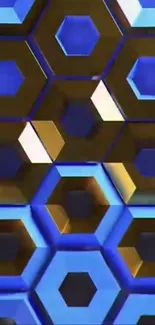 Blue and gold geometric hexagon pattern wallpaper.