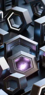 Futuristic geometric wallpaper with glowing hexagons.
