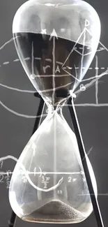 Hourglass with geometric formulas on dark background.