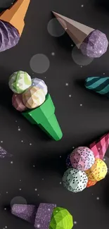 Low-poly geometric ice cream cones on a black background, creating a modern art style.