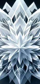 Intricate geometric ice crystal design in white and blue tones for mobile wallpaper.