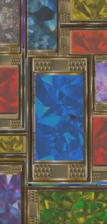 Geometric pattern in jewel tones with blue as the dominant color.