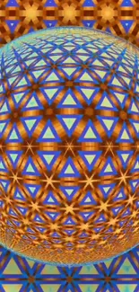 3D geometric kaleidoscope sphere wallpaper in blue and orange.