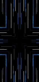 Geometric lines wallpaper with blue accents on black background.