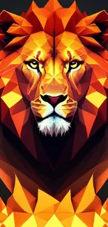 Orange geometric lion artwork with fiery triangular shapes.