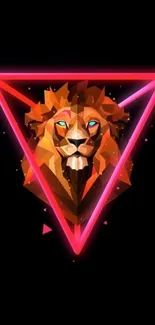 Geometric lion with neon triangle against black background.