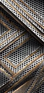 Geometric metal grid pattern image with overlapping layers.