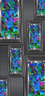 Colorful geometric metallic framed artwork.