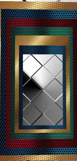 Geometric metallic wallpaper with colorful patterns and textured layers.