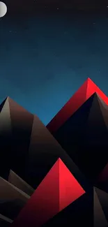 Geometric mountain wallpaper with night sky and red accents.