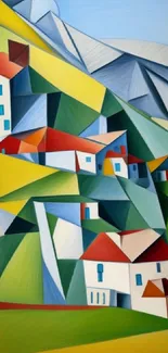 Colorful geometric mountain village art wallpaper with vibrant shapes.