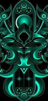 Intricate geometric abstract neon design in teal hues as a mobile wallpaper.