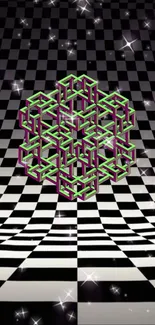 Geometric neon pattern on a checkered background with dazzling effects.