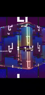 Futuristic neon cube design with vibrant colors and geometric patterns.