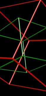 Geometric neon cube with red and green lines on black background.