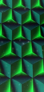 Geometric neon cube wallpaper with a green glow and 3D design.