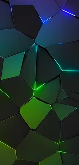 Geometric neon dark wallpaper with glowing green accents.