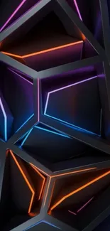 Geometric pattern with neon lights in blue, orange, and purple hues.