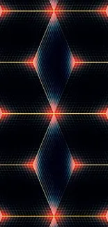 Intricate geometric neon grid wallpaper with vibrant patterns and dark blue hue.