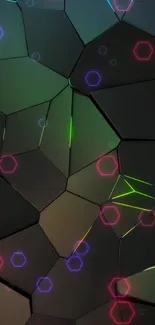 Dark geometric wallpaper with neon hexagons.