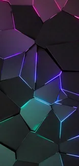 Geometric wallpaper with neon lines on dark polygonal shapes.