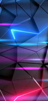 Geometric dark gray wallpaper with neon blue and red lights.