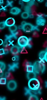 Mobile wallpaper with neon geometric shapes in blue and pink on a dark background.