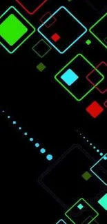 Colorful neon geometric squares on a dark background.