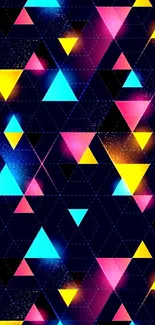 Vibrant neon triangles on a geometric navy blue background.