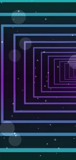 Geometric neon tunnel with purple and blue gradients, bokeh circles.