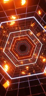 Hexagonal neon tunnel with orange glow design.