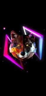 Geometric wolf with neon highlights on a black background wallpaper.